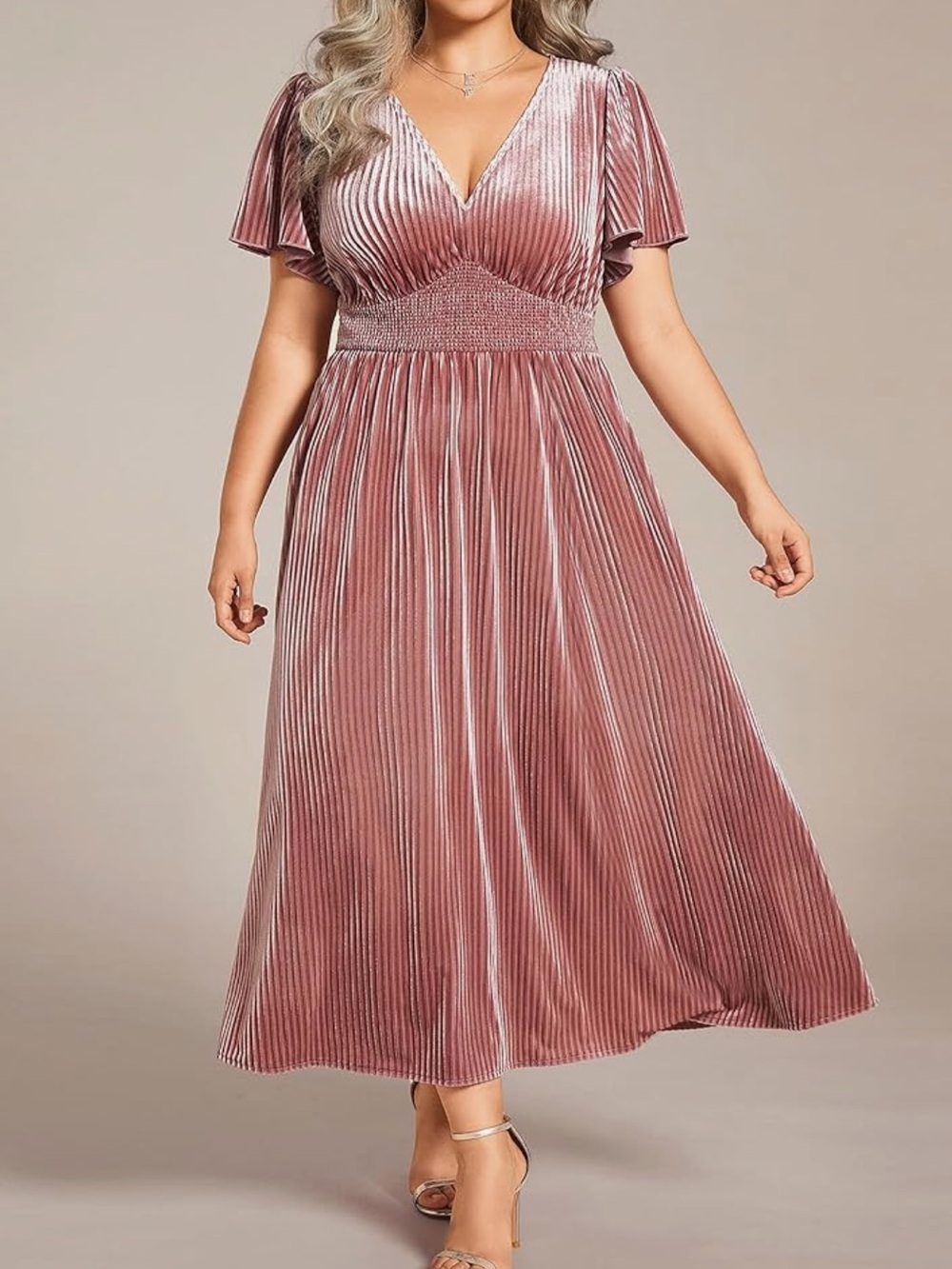 Velvet V-Neck Pleated Midi Dress in Dusty Rose Size 20